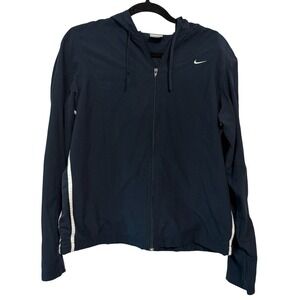 Women NIKE Full Zip Track Solid Navy Blue Hooded Long Sleeve Jacket Large